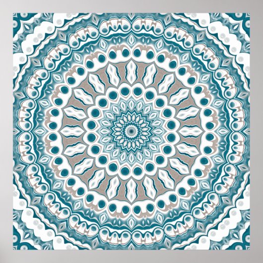 Turkoois en Crème Stralend Mandala Ontwerp Poster (Voorkant)