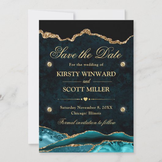 Turkoois en Goud Glitter Marmer Agate Bewaar de Da Save The Date (Voorkant)