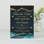 Turkoois en Goud Glitter Marmer Agate Bewaar de Da Save The Date (Staand voorkant)