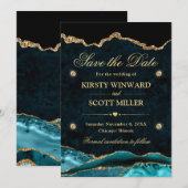 Turkoois en Goud Glitter Marmer Agate Bewaar de Da Save The Date (Voorkant / Achterkant)