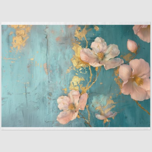 Turkoois en Gouden Blush Bloemen Tissuepapier (Voorkant)