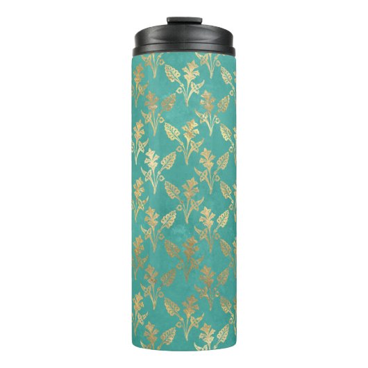 turkoois en gouden gebladerte thermosbeker (Voorkant)