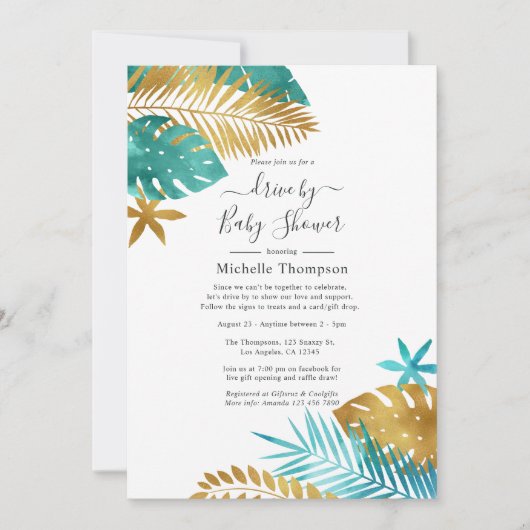 Turkoois en gouden tropische drive-by douche kaart (Voorkant)