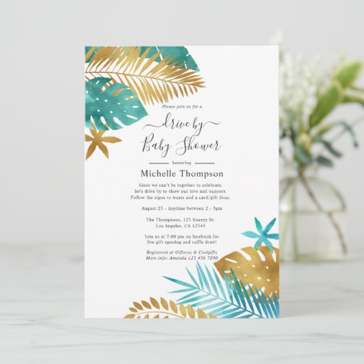 Turkoois en gouden tropische drive-by douche kaart (Staand voorkant)