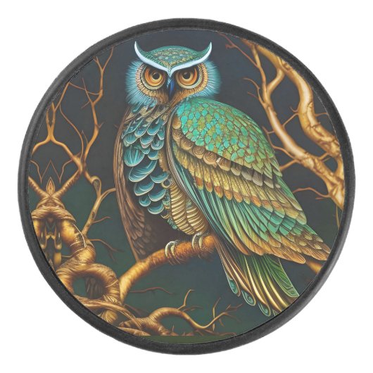 Turkoois en Gouden Uil Hockey Puck (Voorkant)
