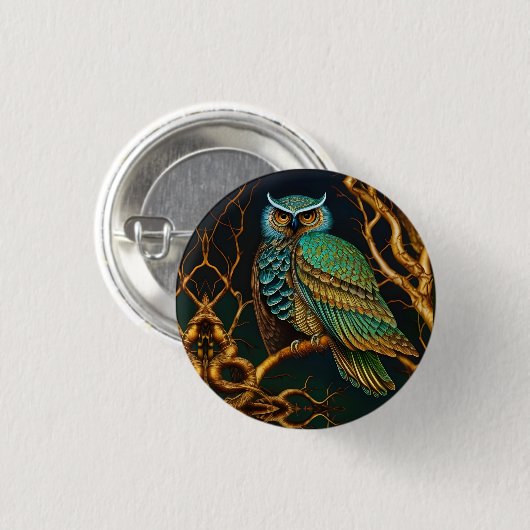 Turkoois en Gouden Uil Ronde Button 3,2 Cm (Voorkant /achterkant)
