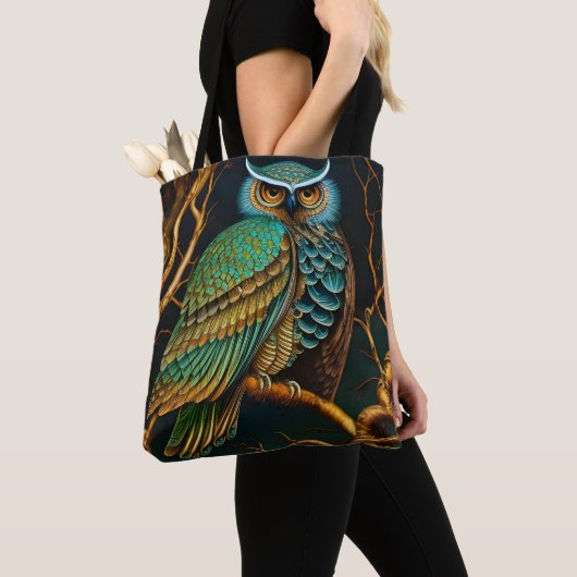 Turkoois en Gouden Uil Tote Bag (Dichtbij)