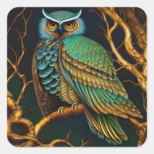 Turkoois en Gouden Uil Vierkante Sticker (Voorkant)