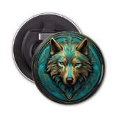 Turkoois en Gouden Wolf Button Flesopener (Voorkant)