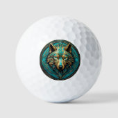 Turkoois en Gouden Wolf Golfballen (Voorkant)