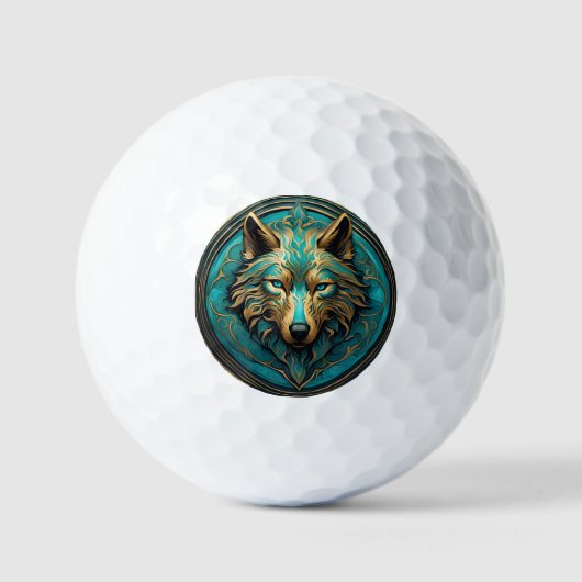Turkoois en Gouden Wolf Golfballen (Voorkant)