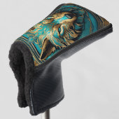 Turkoois en Gouden Wolf Golfheadcover (3/4 voorkant)