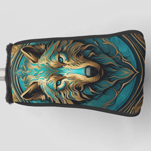 Turkoois en Gouden Wolf Golfheadcover (Voorkant)