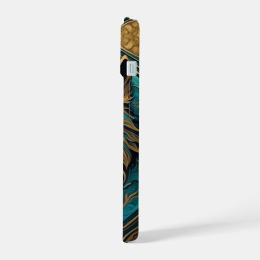 Turkoois en Gouden Wolf iPhone 15 Case (Linkerkant)