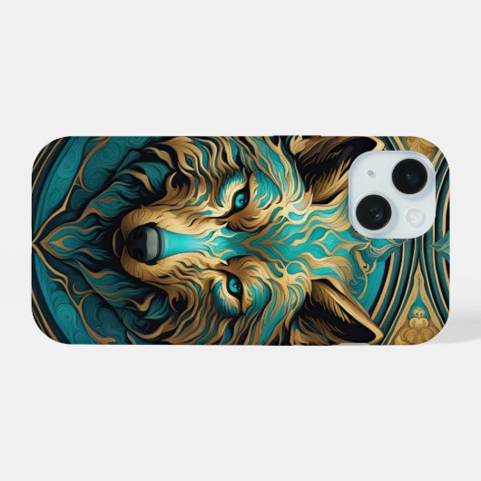 Turkoois en Gouden Wolf iPhone 15 Case (Achterkant horizontaal)