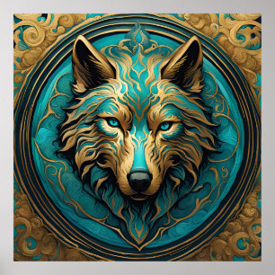 Turkoois en Gouden Wolf Poster
