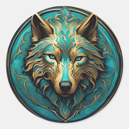 Turkoois en Gouden Wolf Ronde Sticker (Voorkant)
