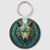 Turkoois en Gouden Wolf Sleutelhanger (Voorkant)