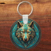 Turkoois en Gouden Wolf Sleutelhanger (Voorkant)
