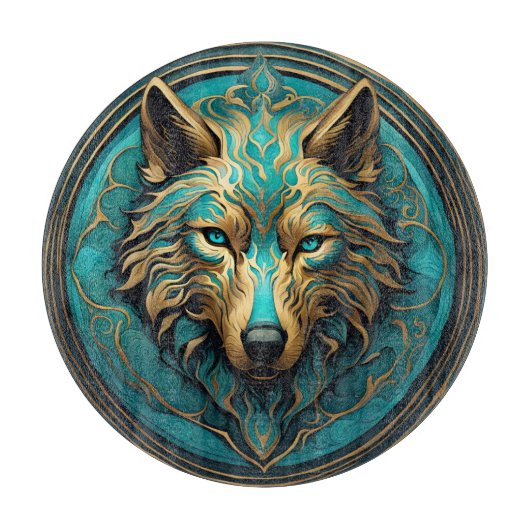 Turkoois en Gouden Wolf Snijplank (Voorkant)