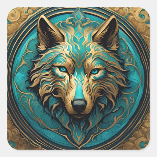 Turkoois en Gouden Wolf Vierkante Sticker (Voorkant)