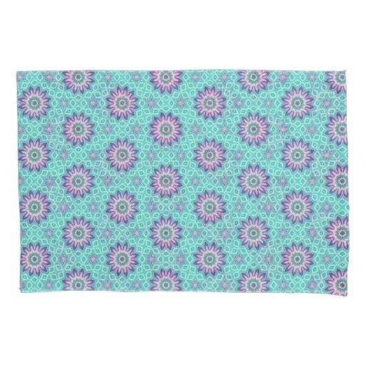 Turkoois en Paarse bloemen Mandala en sterren Kussensloop (Voorkant)
