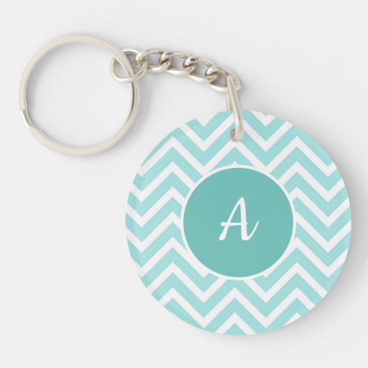 Turkoois en witte chevron patroon monogram sleutelhanger (Voorkant)