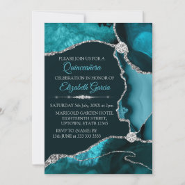 Turkoois en Zilver Glitter Agate Quinceanera Kaart