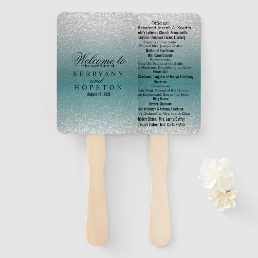 Turkoois en Zilver Glitter - Programma Handwaaier (Voorkant en achterkant)