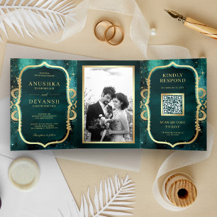 Turkoois Galaxy Goud Mandala QR Code Indiase Trouw Drieluik Uitnodiging