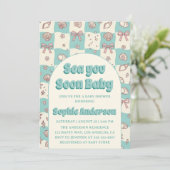 Turkoois geblokte zeeschelp boog baby shower kaart (Staand voorkant)
