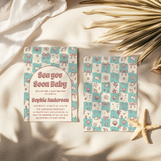 Turkoois geblokte zeeschelp boog baby shower kaart