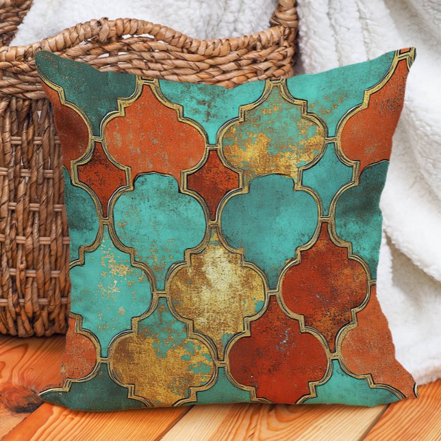 Turkoois gebrande Oranje Marokkaanse Quatrefoil Kussen (Turquoise and burnt orange pillow)