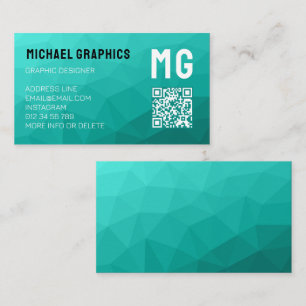 Turkoois geometrisch netpatroon QR-code Monogram Visitekaartje