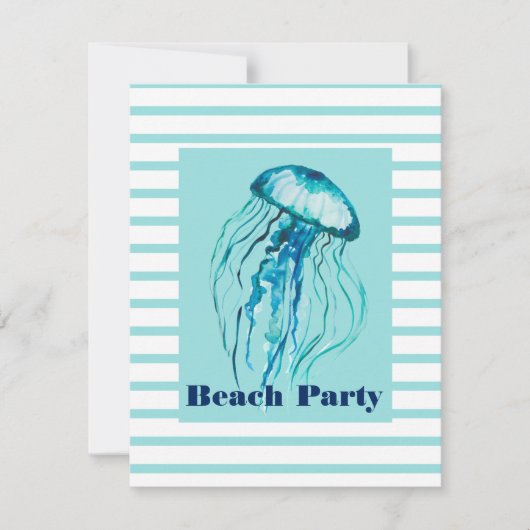 Turkoois Gestreepte Waterverfkwal Strandfeest Kaart (Voorkant)