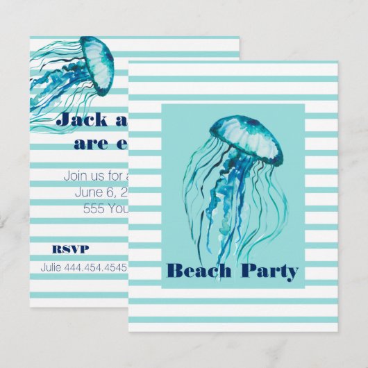 Turkoois Gestreepte Waterverfkwal Strandfeest Kaart (Voorkant / Achterkant)