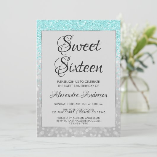 Turkoois Glitter en Zilver Sweet 16 Verjaardag Kaart (Staand voorkant)