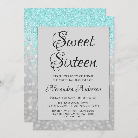 Turkoois Glitter en Zilver Sweet 16 Verjaardag Kaart (Voorkant / Achterkant)