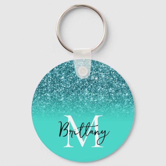 Turkoois Glitter Turquoise Ombre Monogram Sleutelhanger (Voorkant)