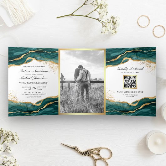 Turkoois Gouden Abstracte Inkt QR Code Bruiloft Drieluik Uitnodiging
