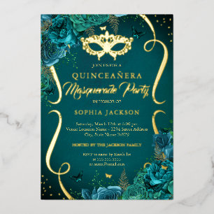 Turkoois Gouden Bloemenscherm Maskerade Quinceaner Folie Uitnodiging