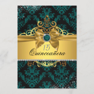 Turkoois Gouden Elegante Damast Quinceanera Uitnod Kaart