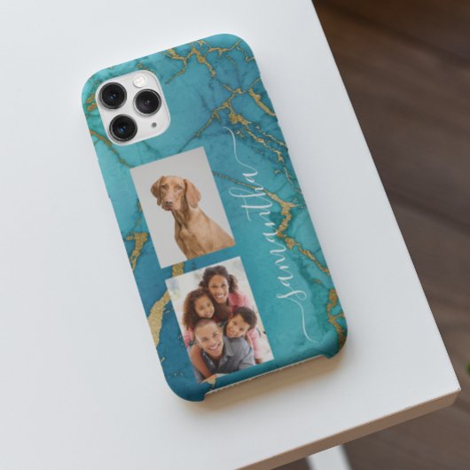 Turkoois Gouden Marmer Steen Monogram Foto Case-Mate iPhone Case