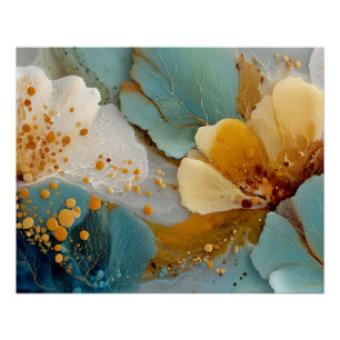 Turkoois Gouden Vloeibare Kunst Abstract Perfect Poster