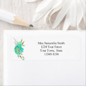 Turkoois Gouden Waterverf Bloem Wit Retouradres Etiket (Insitu)