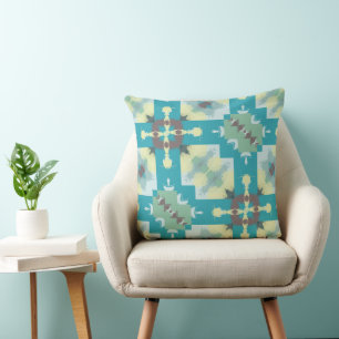 Turkoois, groen en geel abstract patroon kussen