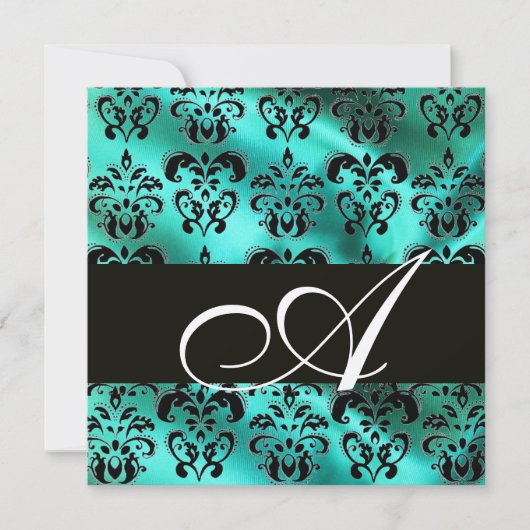 TURKOOIS GROENE ZIJDE DAMAST STOF MONOGRAM KAART (Voorkant)