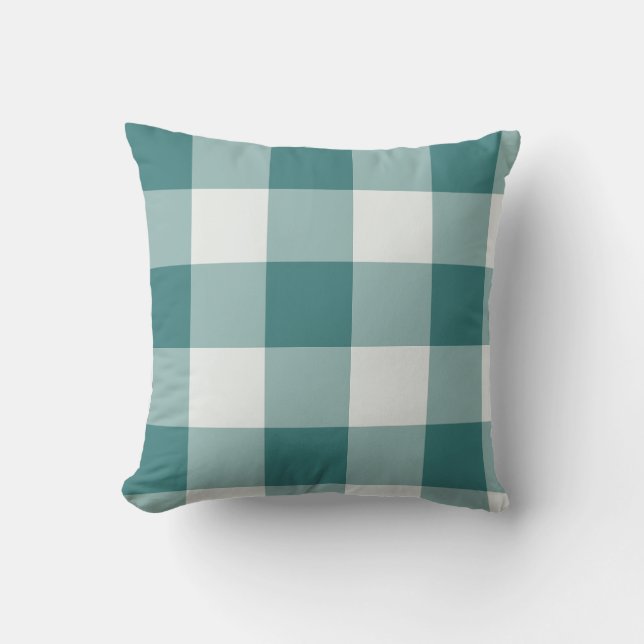 Turkoois groot geruit gingham kussen (Voorkant)