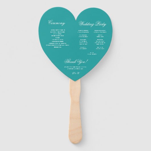 Turkoois Hart Elegant Script Blauwe Trouwprogramma Handwaaier (Achterkant)