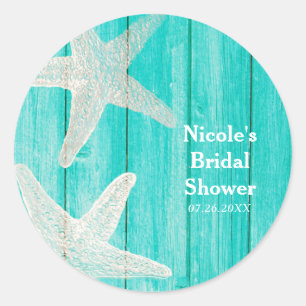 Turkoois Hout & Zeester Strand Elegant Tropisch Br Ronde Sticker